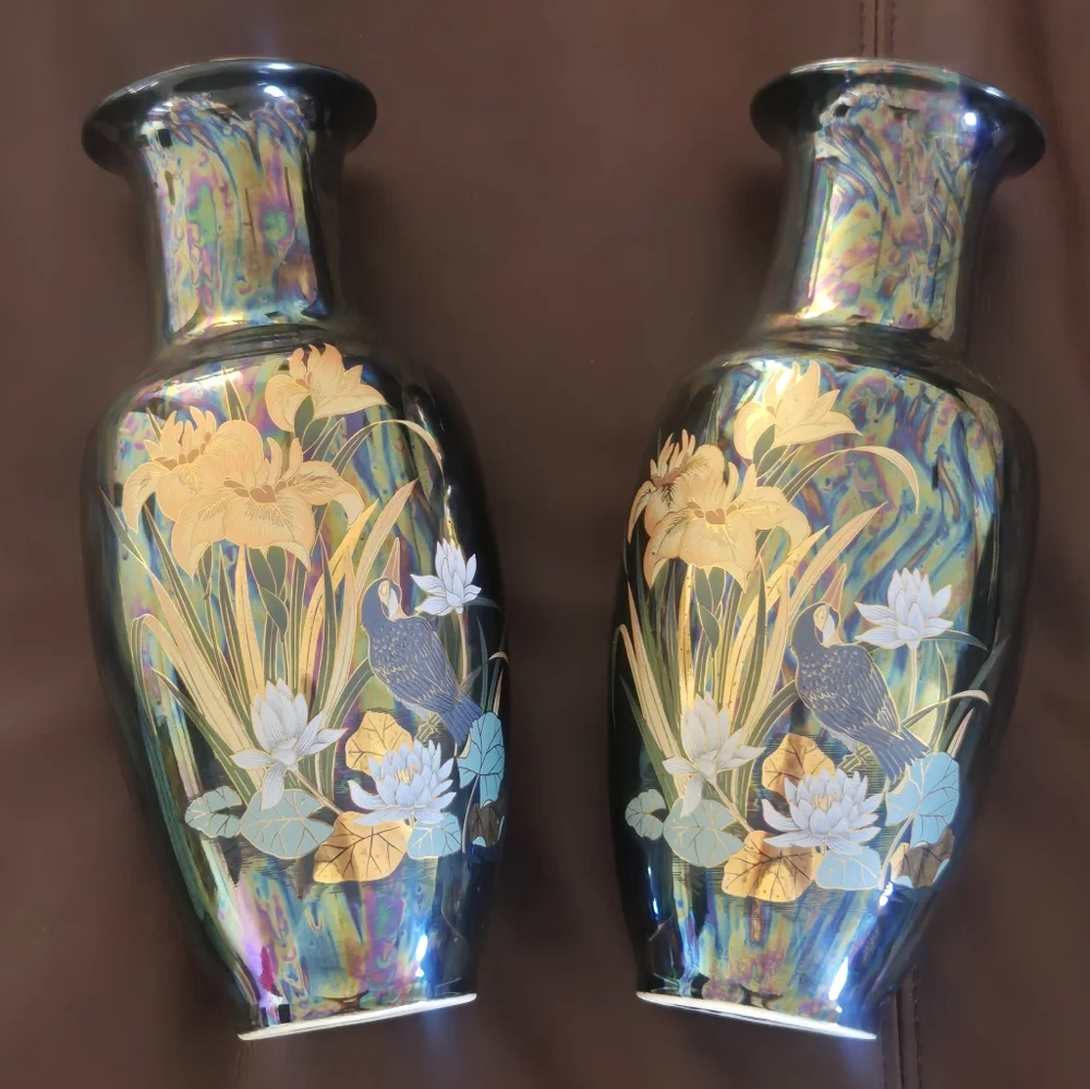 Japanese Pair Of Mid Century Vases Feat. Birds & Water Scene, Iridescent